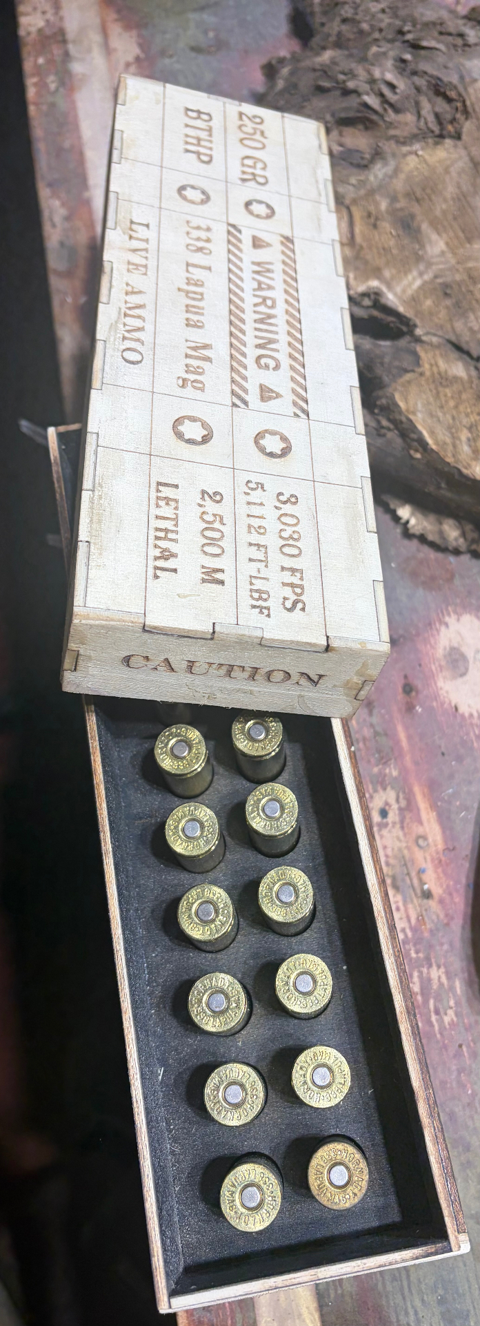 Custom Engraved Ammo Box — Open with Rounds