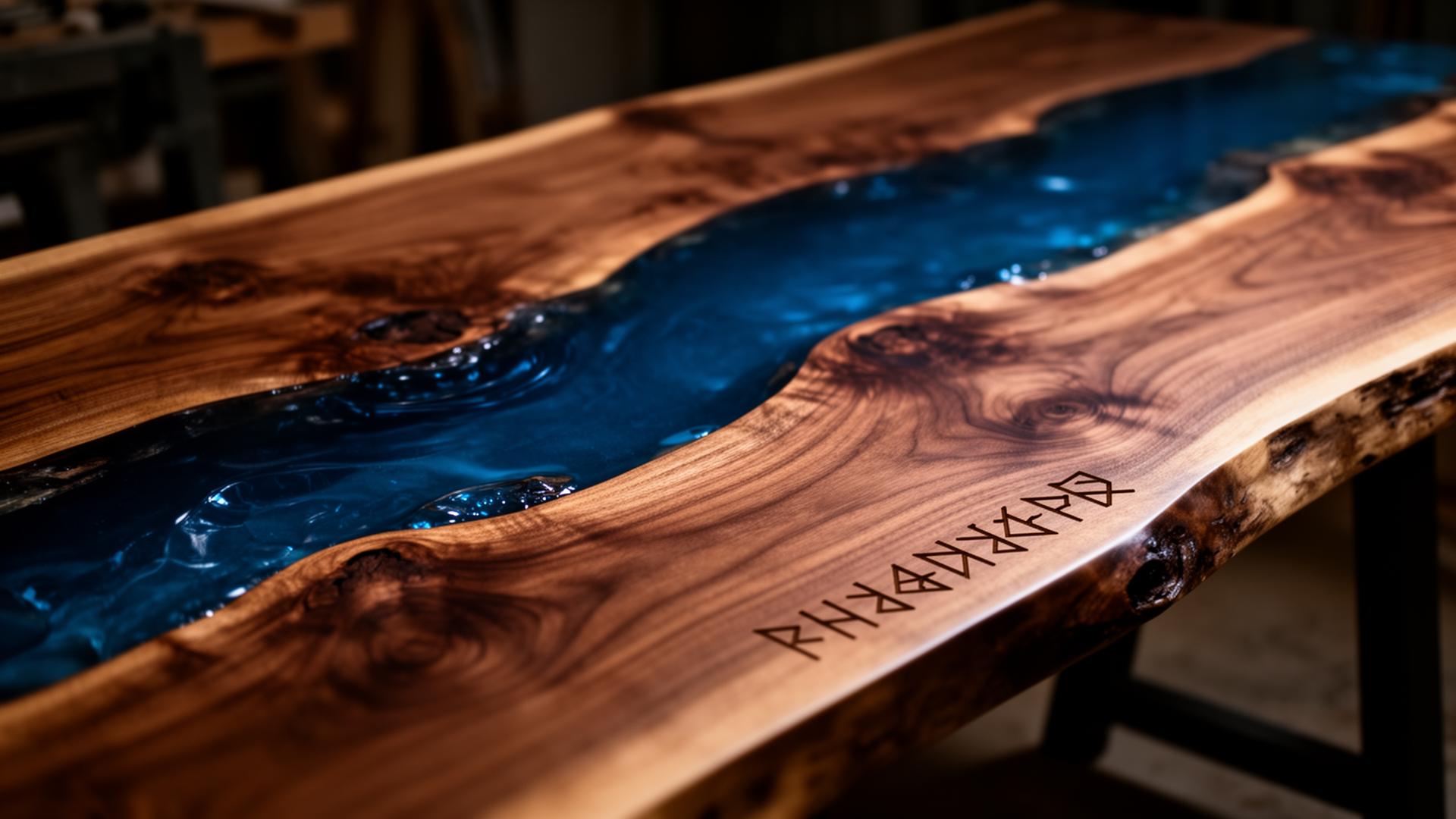 Live-edge walnut river table with deep blue resin and laser-engraved rune detail